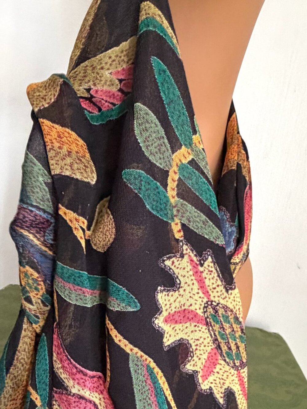 Vintage 70s Long Organic Botanical Mushrooms Floral Scarf Shawl Colorful Boho